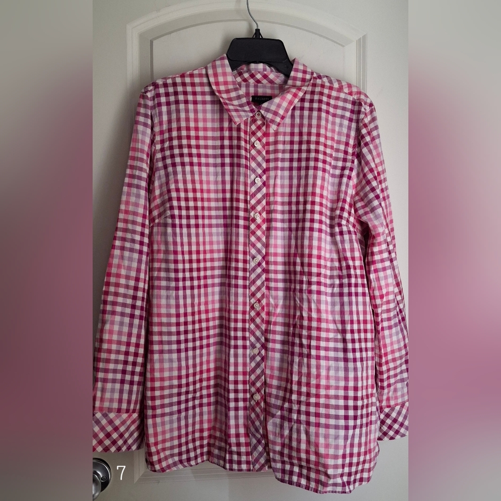 Talbots button down shirt pink purpleโ plaid ginham long sleeve XL casual boho
